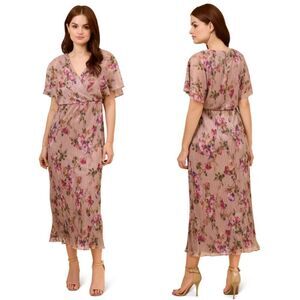 Adrianna Papell Pink Botanical Floral Metallic Crinkle Blouson Midi Dress Size 8
